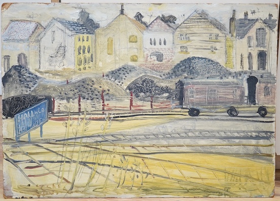 Modern British, oil and mixed media on board, Industrial scene with train tracks, unsigned, 45 x 62cm, unframed. Condition - poor to fair